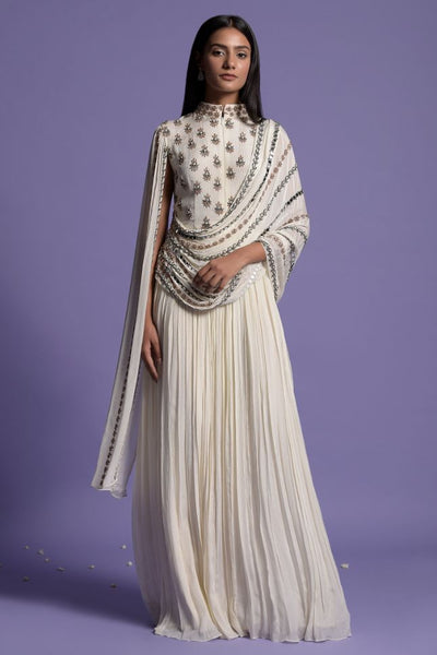 Embroidered Beige White High Collar Gown - Buy - Glamourental