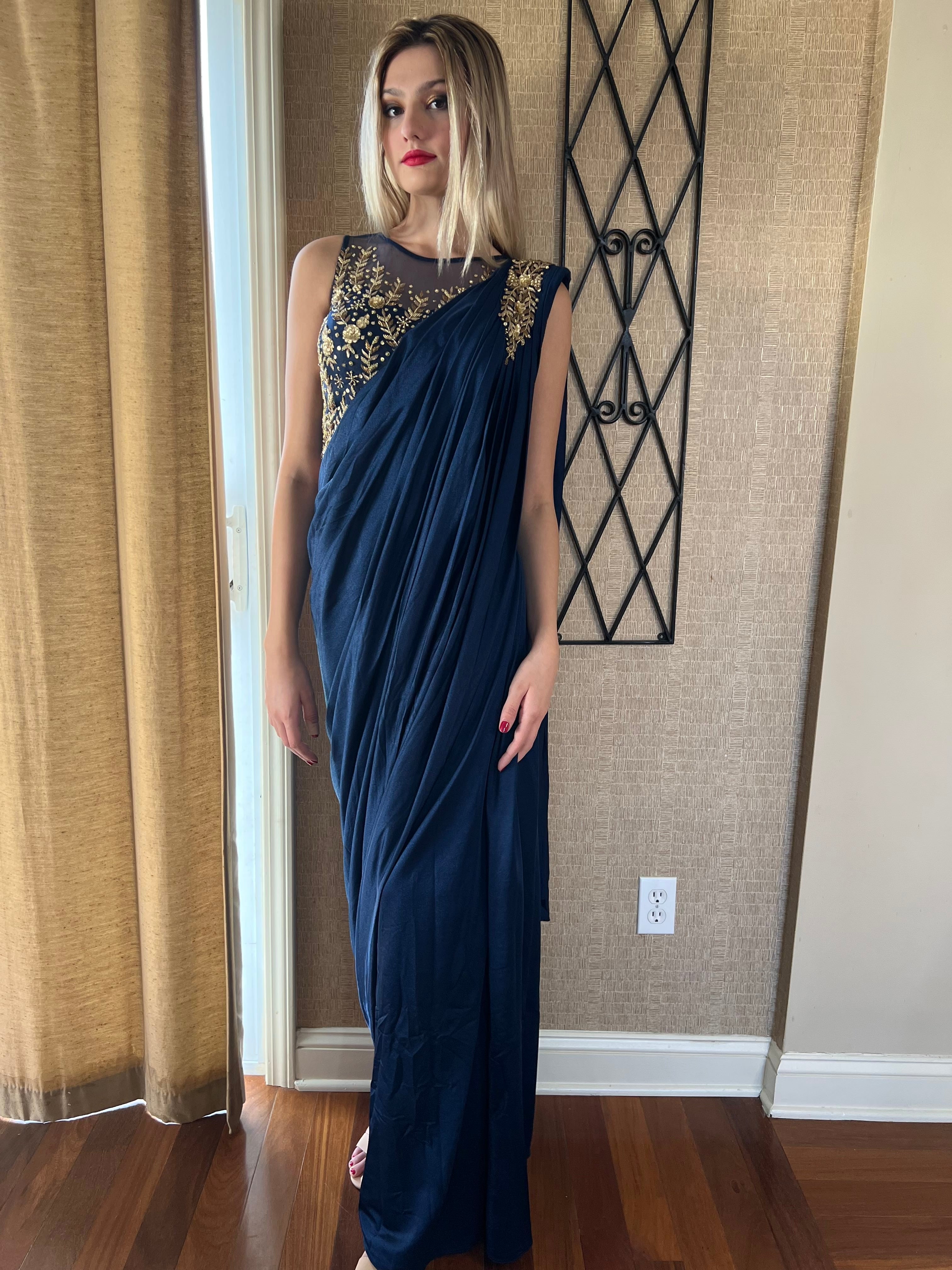 NAVY BLUE SAREE DRESS - HAFSA MALIK