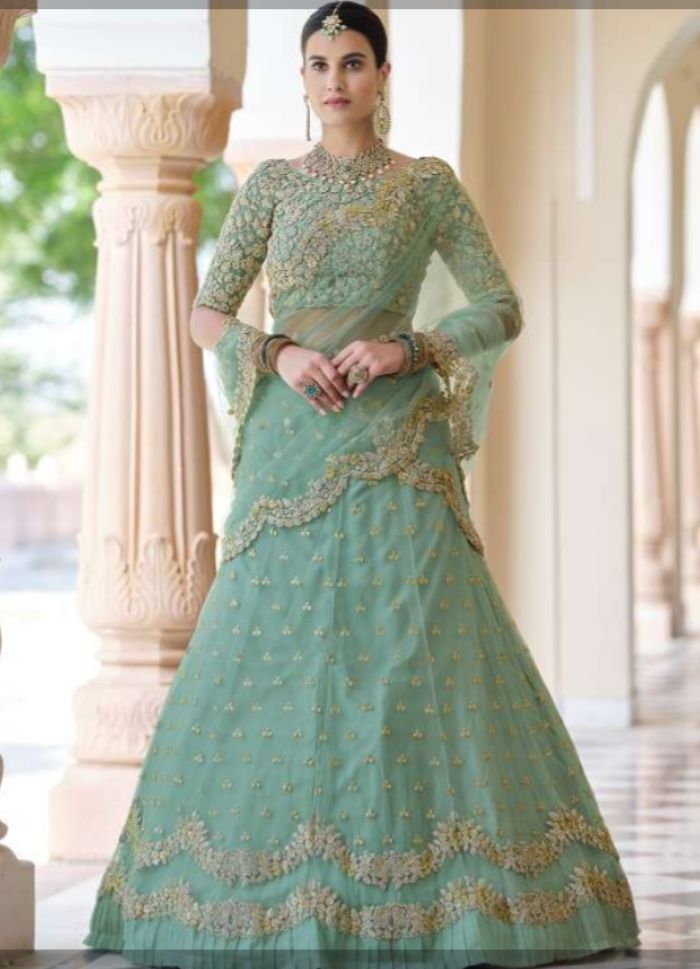 Indian Lehenga USA | Pista Green Heavy Embroidered Net Lehenga – Ria  Fashions