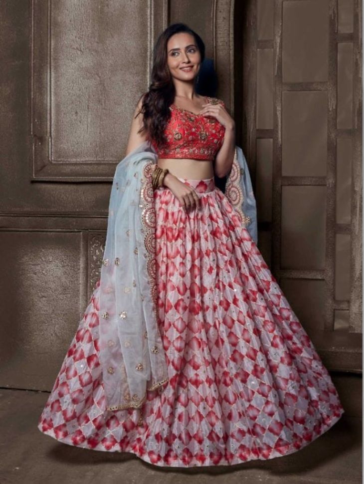 Shaded White & Red Embroidered Lehenga Choli In Chiffon 2745LG01