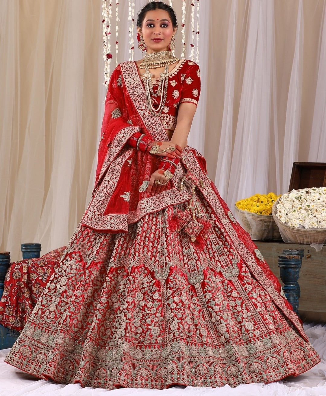 Classy Onion Red colored Heavy Embroidered Bridal Lehenga Set ...