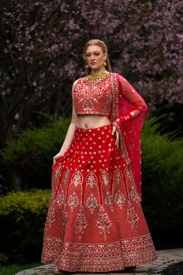 Carrot Pink colored Printed designer Lehenga Set - Rent