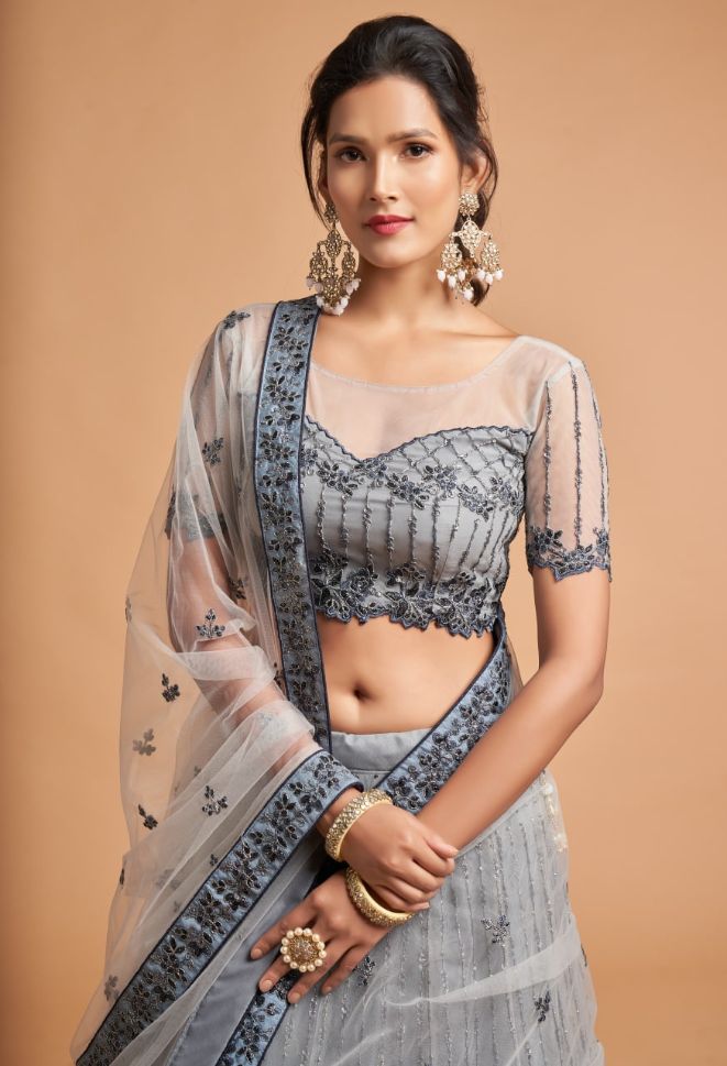 Grey Floral Designer Zari Embroidery Lehenga Choli - Buy