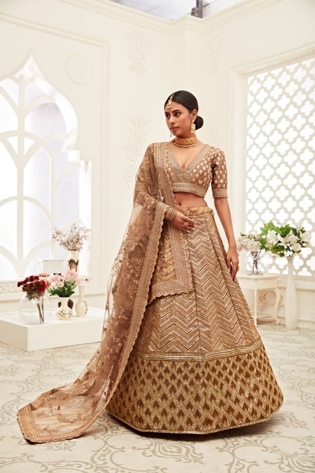 Heavy Faux Georgette With Embroidery Work Top With Lehenga Suit Brown Color  DN 7477