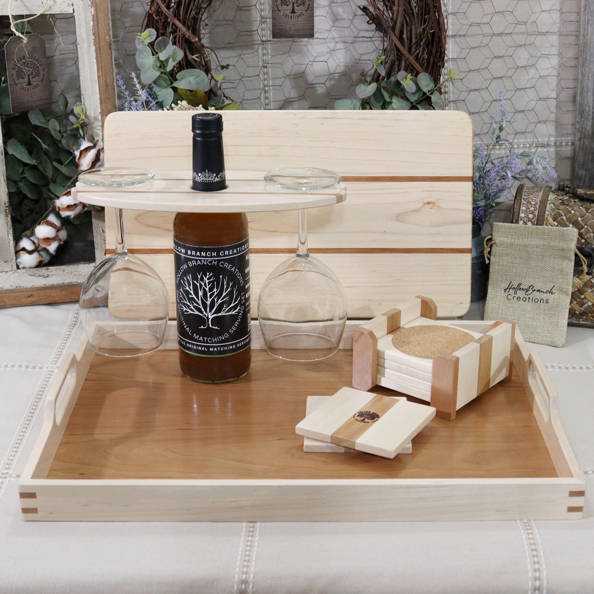 4-Piece Maple Wood Set: Tray, Cutting Board, Wine Carrier & Coaster Set