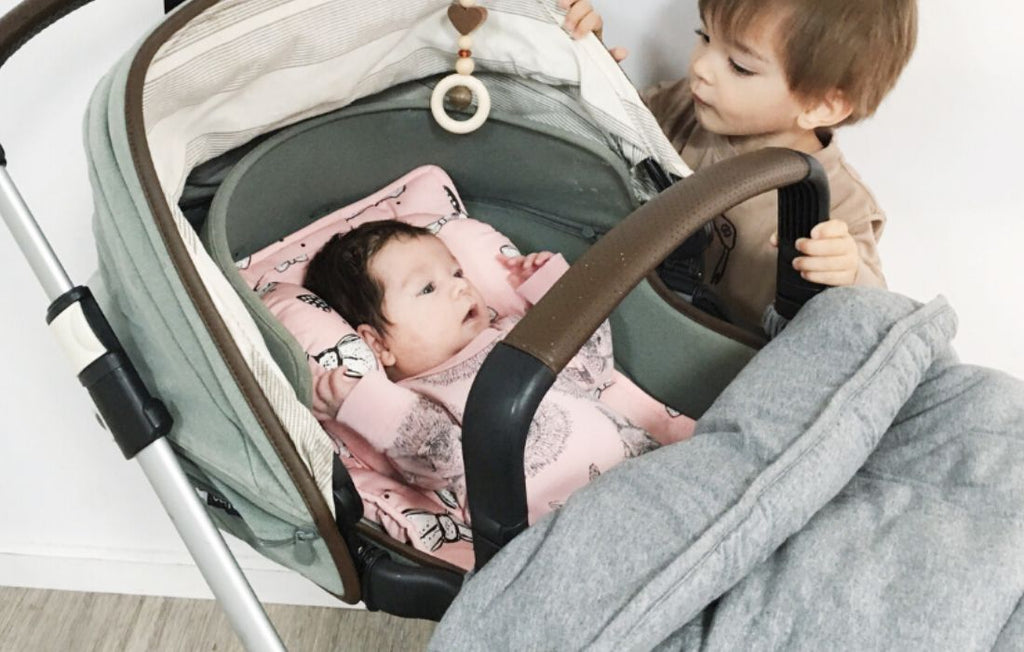 Toddler looking at the baby in the pram