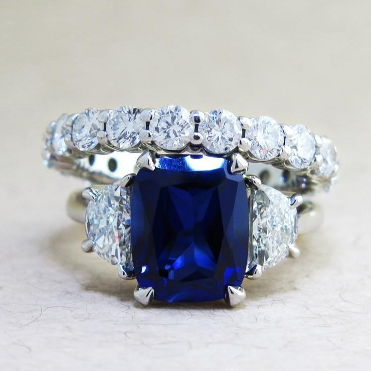 Alexandra 4.58ct Lab Sapphire Engagement Ring with Half-Moon Diamond Accents