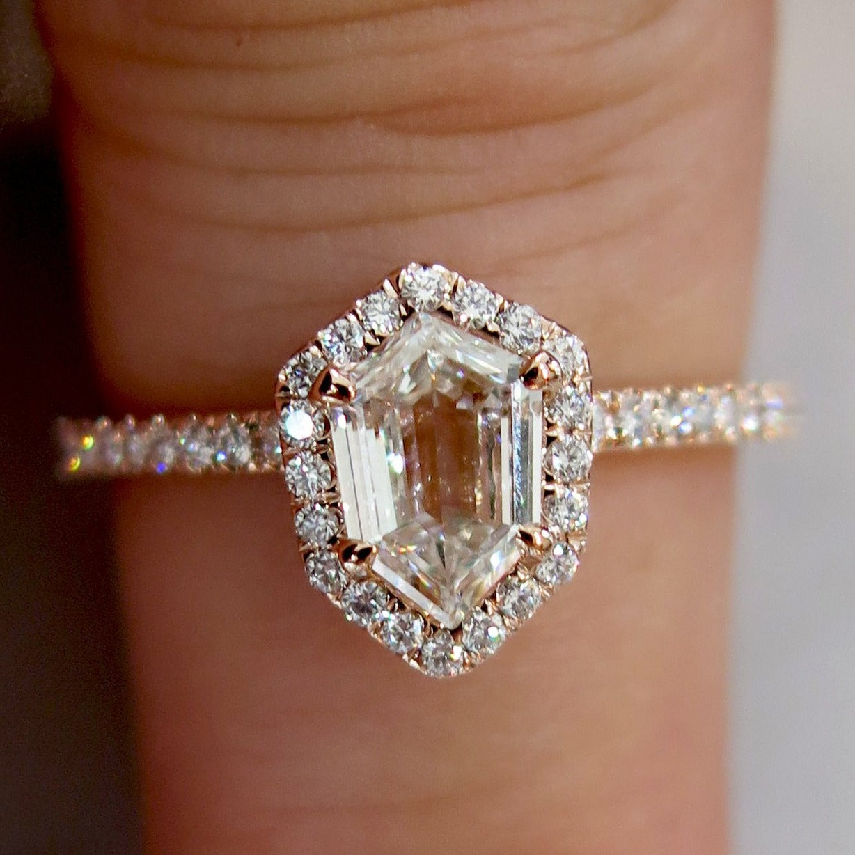 Cassia Hexagon Diamond Halo Engagement Ring in Rose Gold – Unique ...