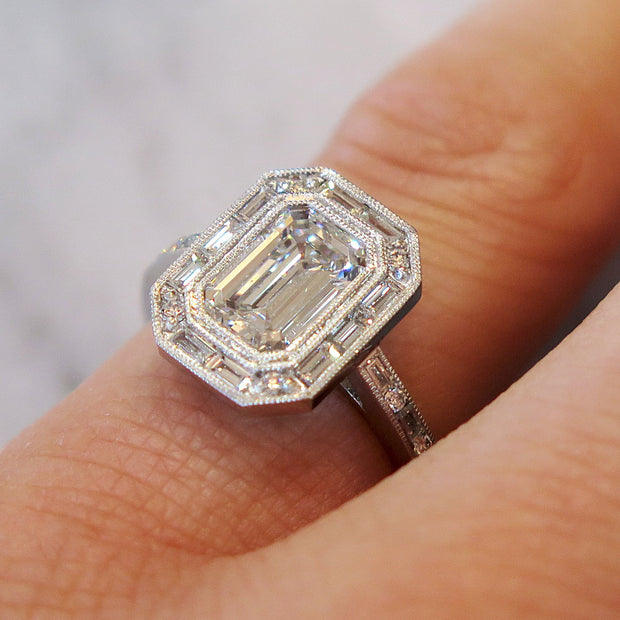Elena 1.70 Carat Emerald Cut Diamond Halo Engagement Ring with ...