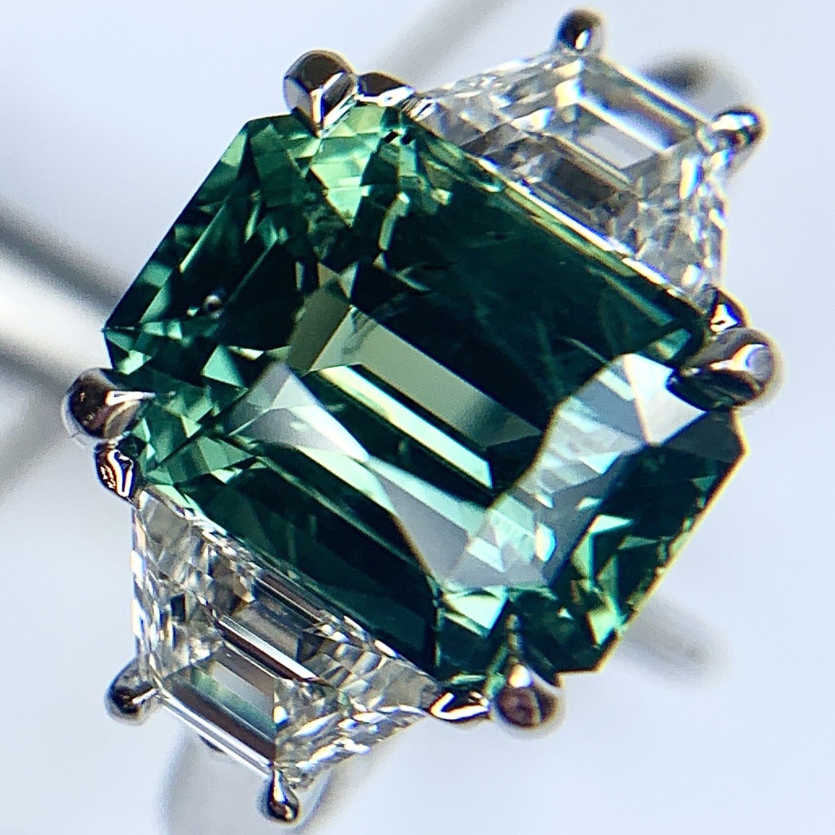 Oran 5.02ct Green Sapphire & Diamond Three-Stone Engagement Ring