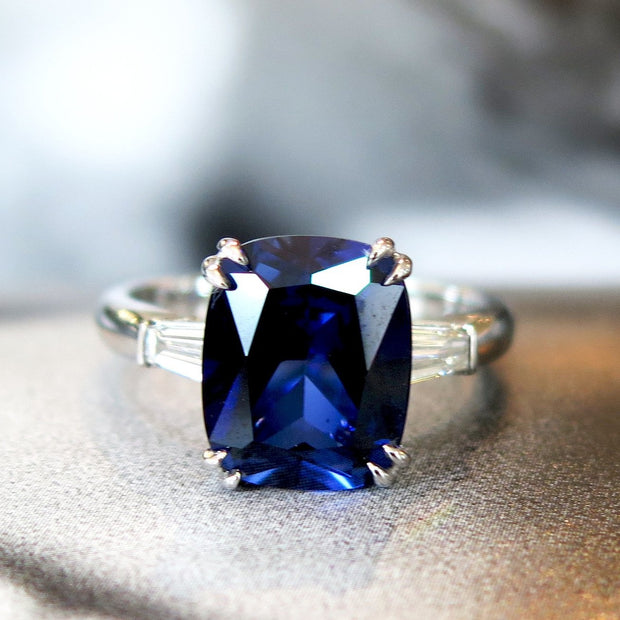 Valeria 4 Carat Blue Sapphire Engagement Ring with Baguette Diamonds ...