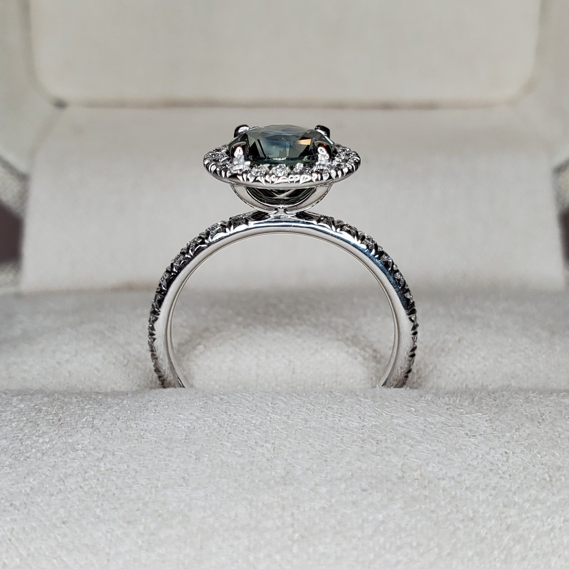 Elsa 1.71ct Blue-Green Sapphire Engagement Ring with White Diamond Halo