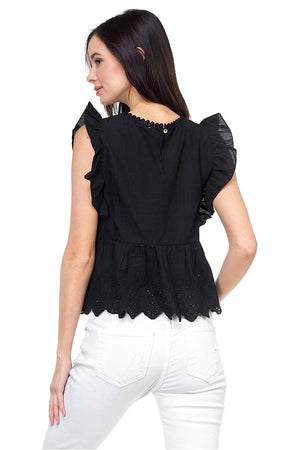 Sleeveless ruffle trim eyelet top