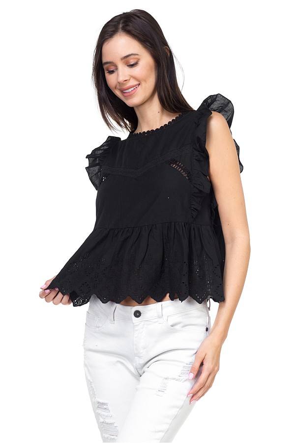 Sleeveless ruffle trim eyelet top