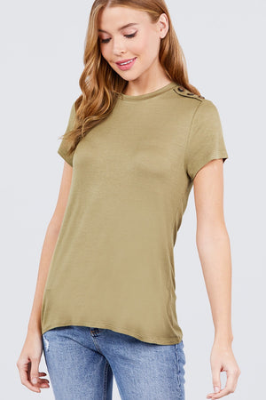 Short Sleeve Crew Neck W/shoulder Button Detail Rayon Spandex Top