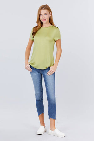 Short Sleeve Crew Neck W/shoulder Button Detail Rayon Spandex Top