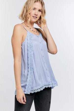 Boho Scallop Lace Trim Detailed Button Down Solid Subtle Textured Slit Side Overlay Layered Cami Top