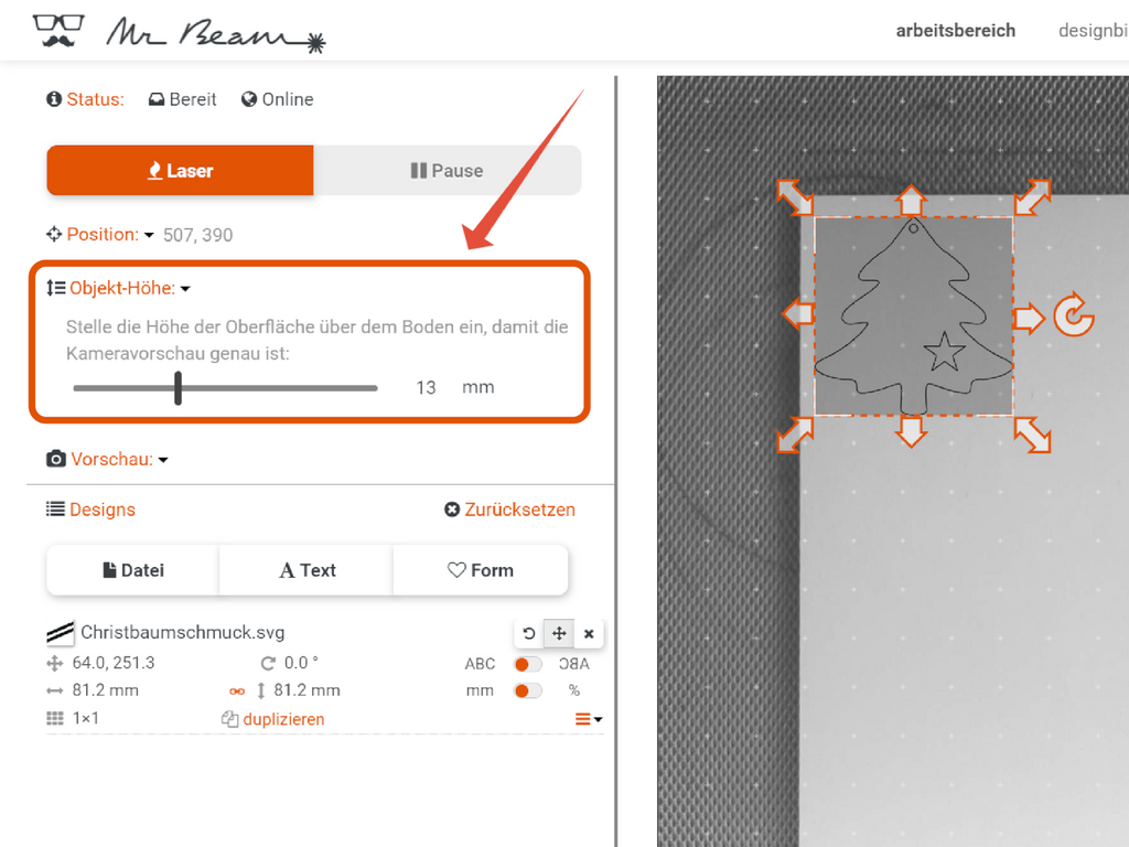 Objekthöhe Lasereinstellungen Christbaumschmuck