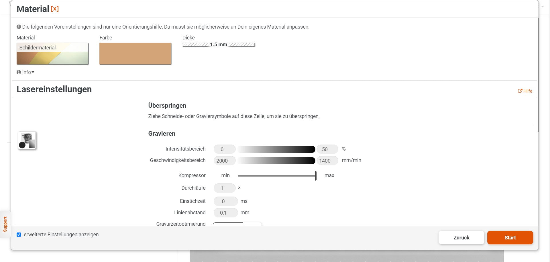 Engraving settings