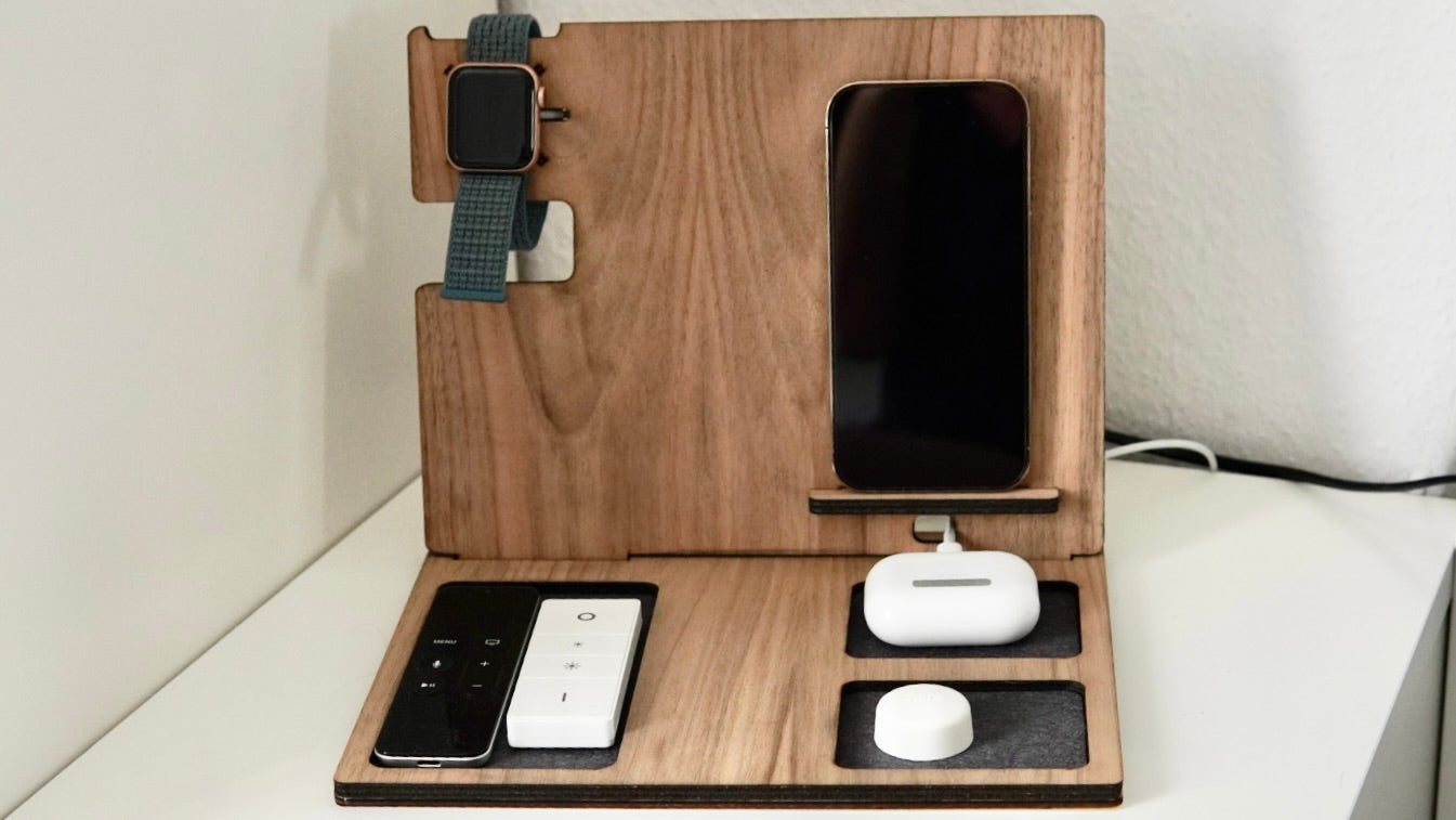Mobile phone charging station made of wood