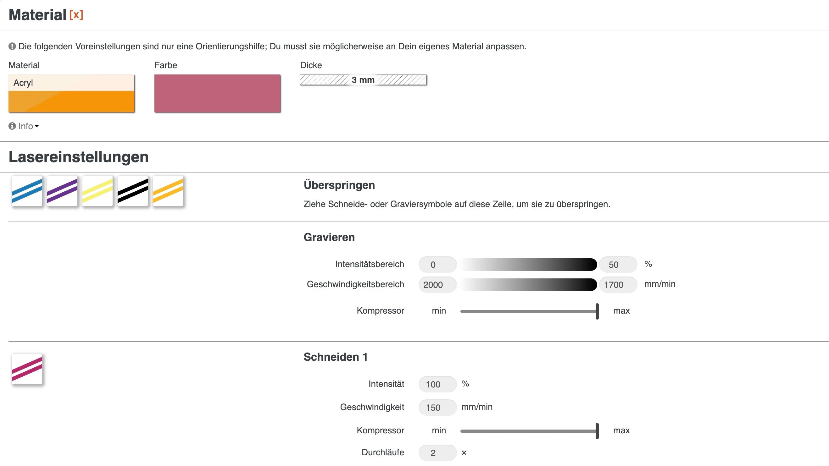 Lasereinstellungen Regenbogendeko