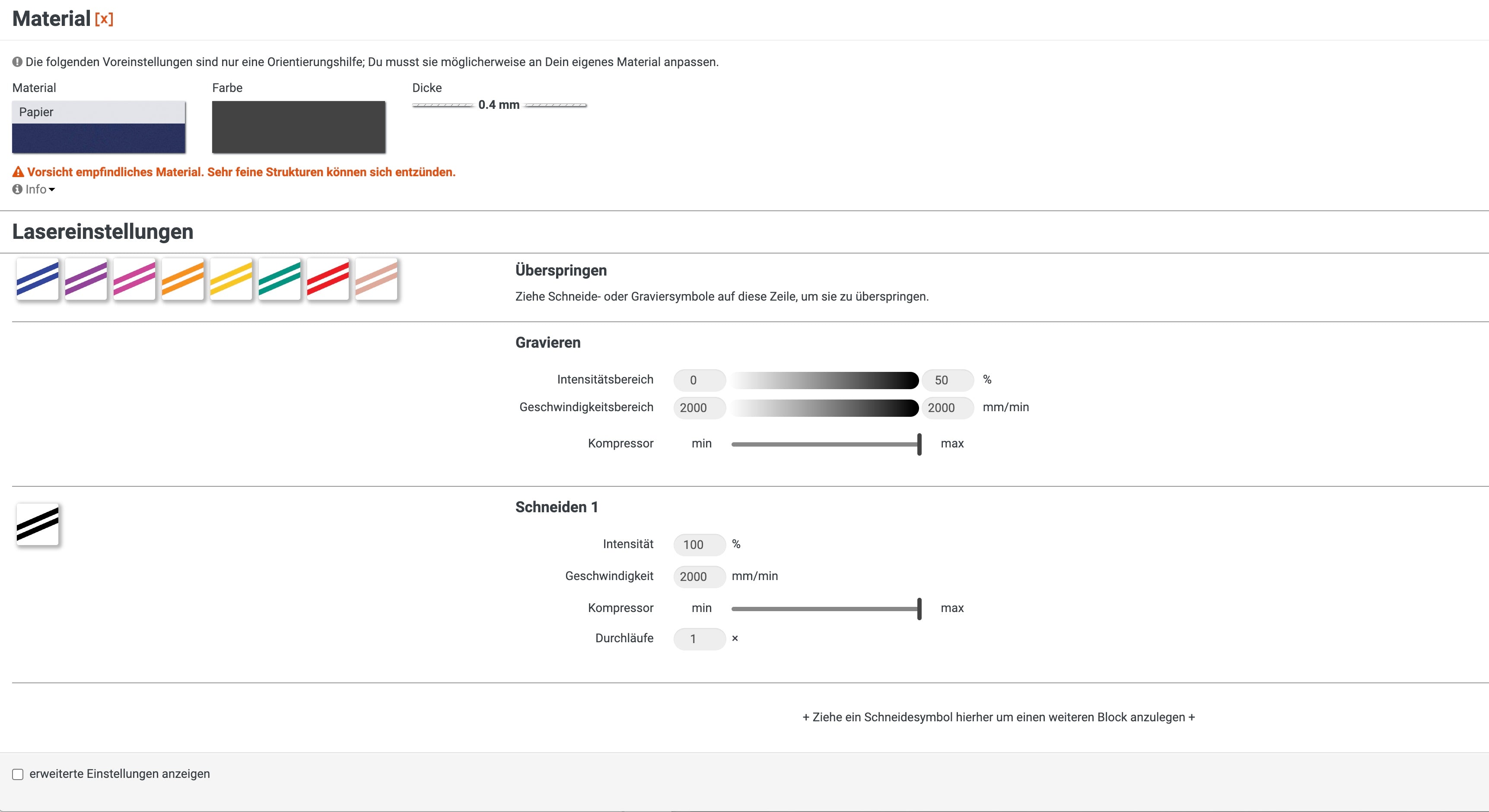 Configuraciones del láser