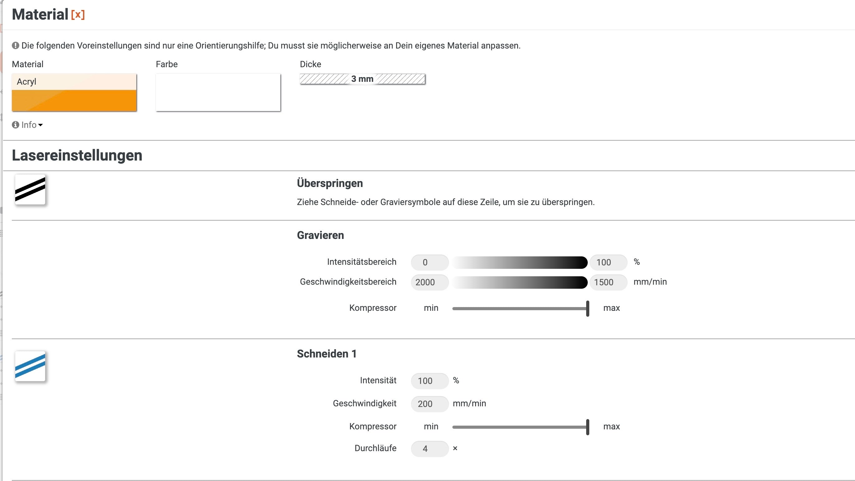 Configuraciones del láser