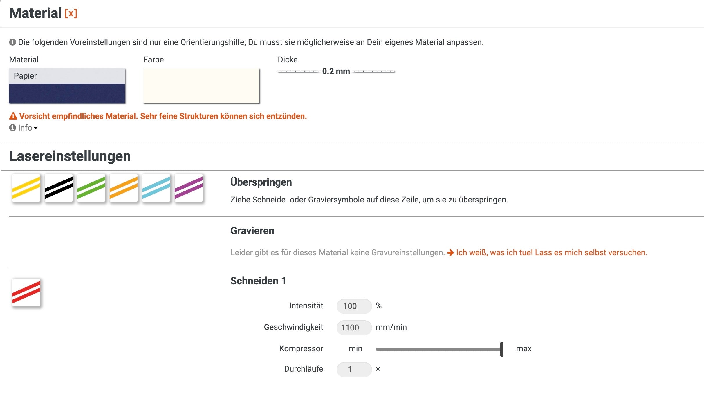 Laserparameter Einhorn Karte