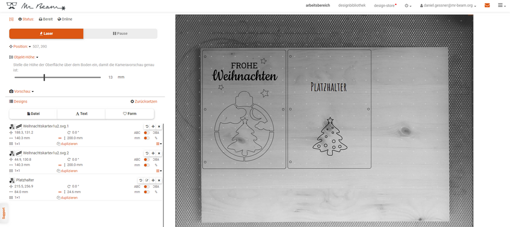 Laserparameter Weihnachtskarte Holz