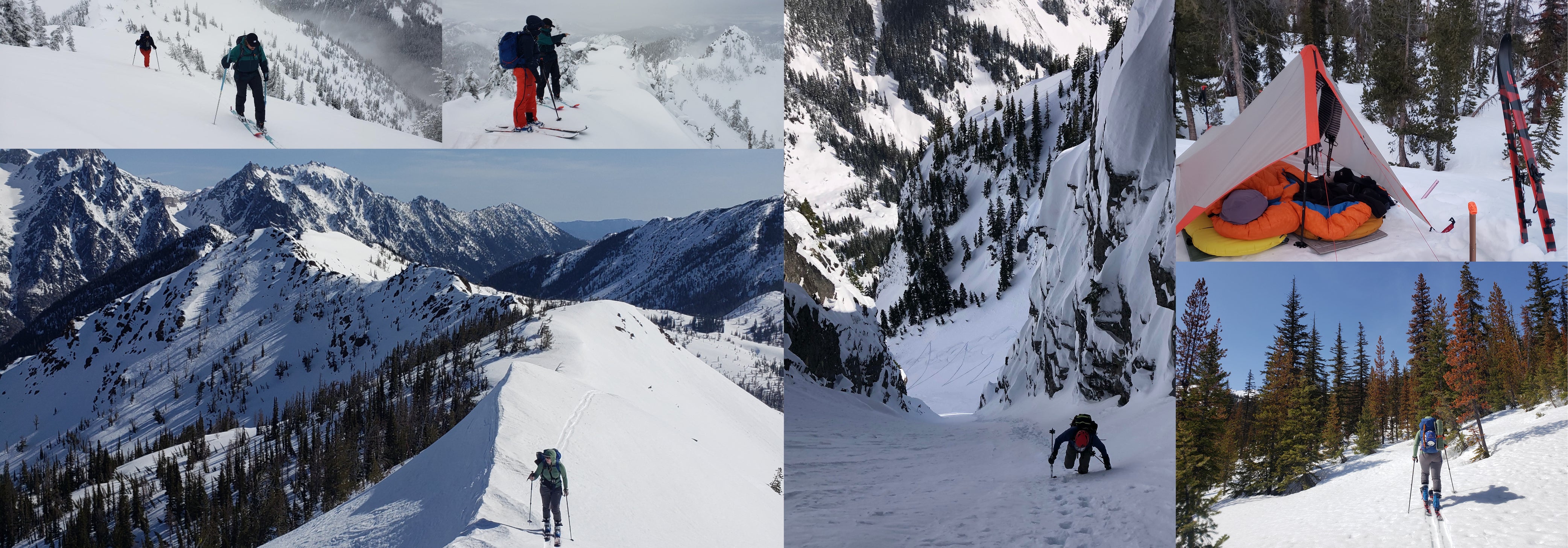 A collage of images depicts backcountry skiing, backcountry camping, etc.