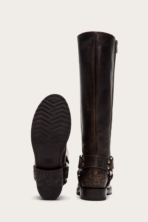 tall black leather boots with low heel