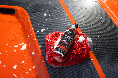 Washing car with Vehicle Wash and Red Microfibre Wash Mitt