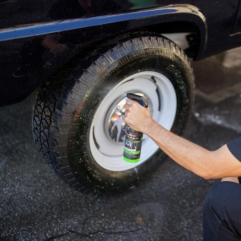 All-Purpose Cleaner removing dirt from car tyres