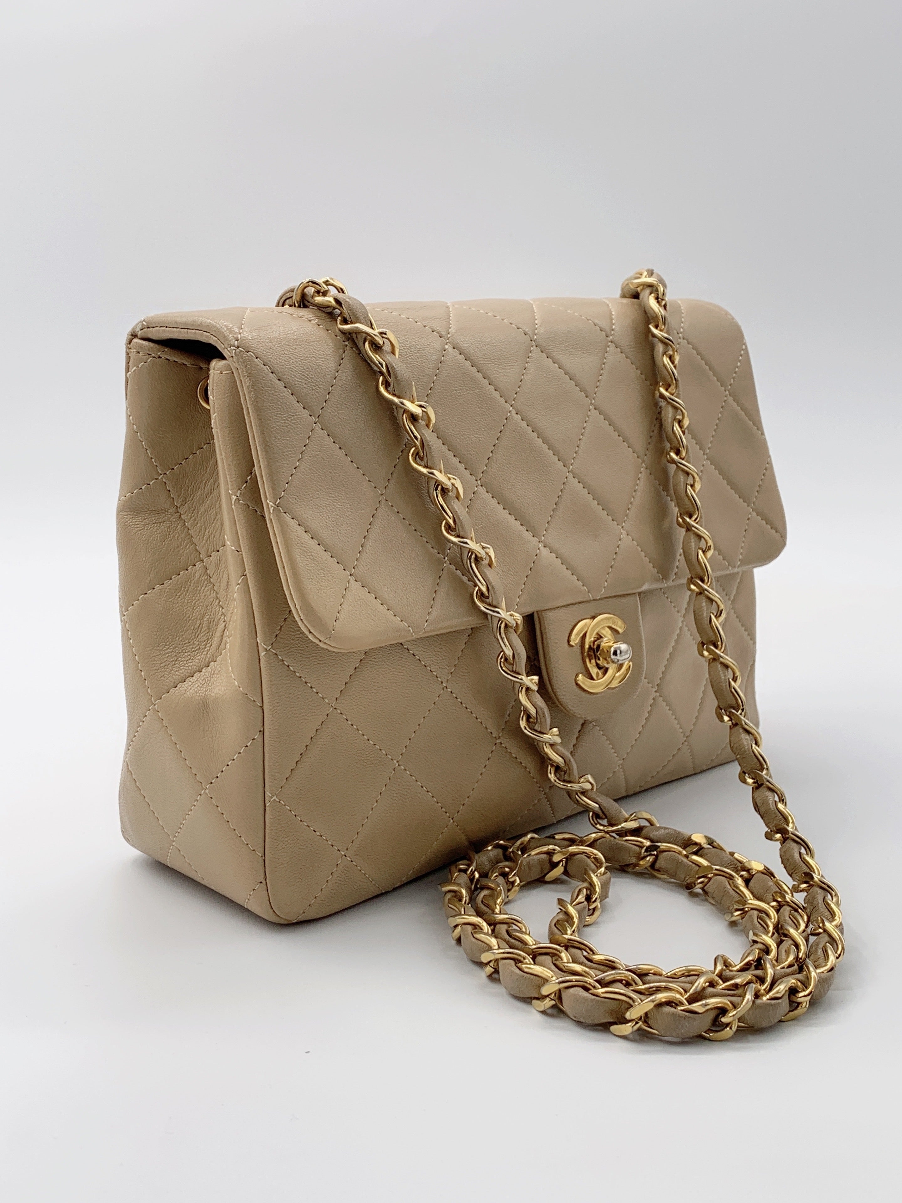 Sold-CHANEL Classic Lambskin Chain Single Mini Square Flap bag Beige/g ...