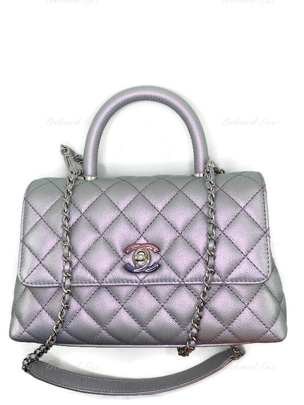 CHANEL Classic Iridescent Purple Caviar Small Coco Handle Bag in Silve –  Preloved Lux