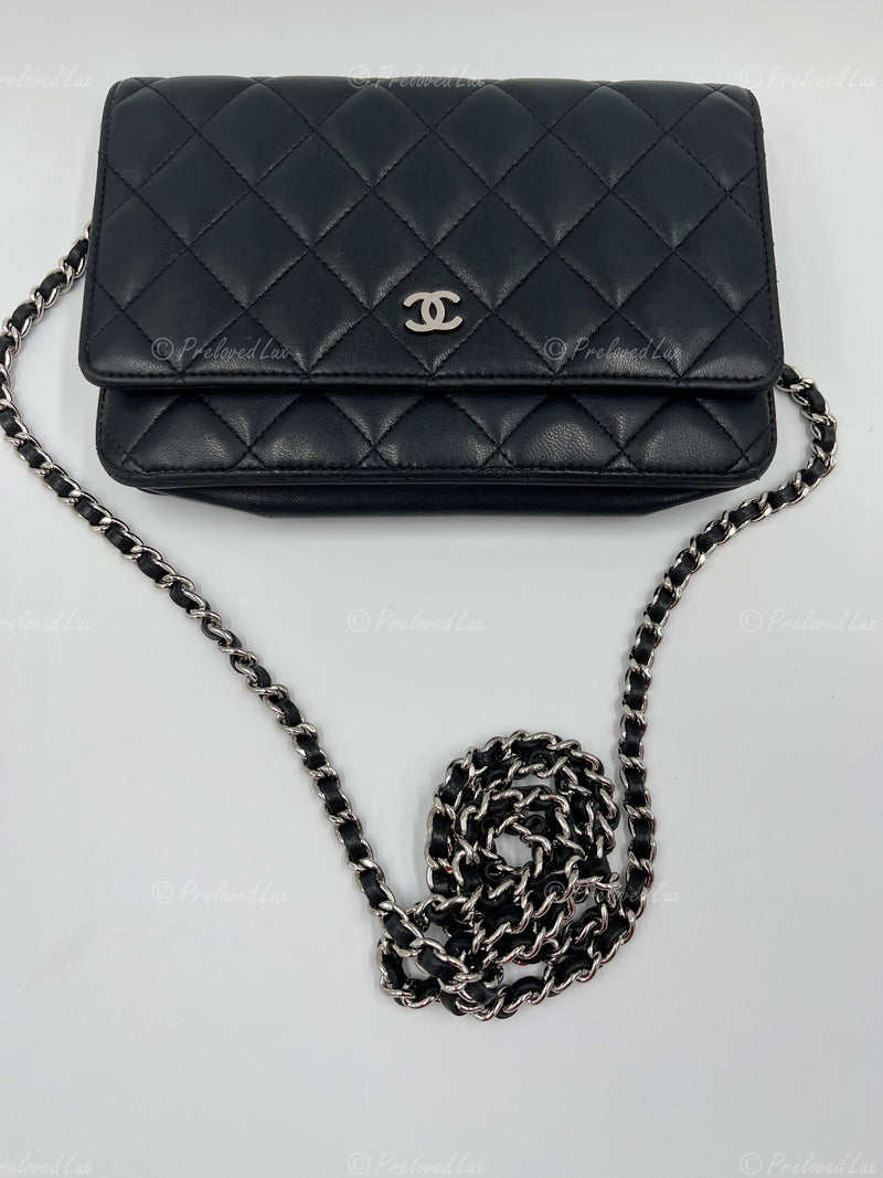 CHANEL Black Lambskin Wallet-on-the-chain WOC Flap Bag Silver Hardware - Lux Canada