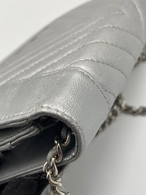 CHANEL Silver Calfskin Chevron Wallet-on-the-chain WOC Crossbody Flap Bag