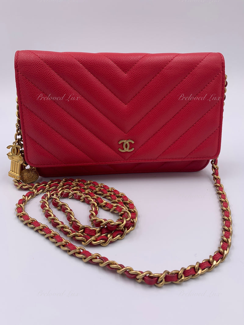 CHANEL Caviar Chevron Ancient Greek Charms Wallet-on-the-chain WOC  Crossbody Flap Bag - Red Gold Hardware - Preloved Lux Canada