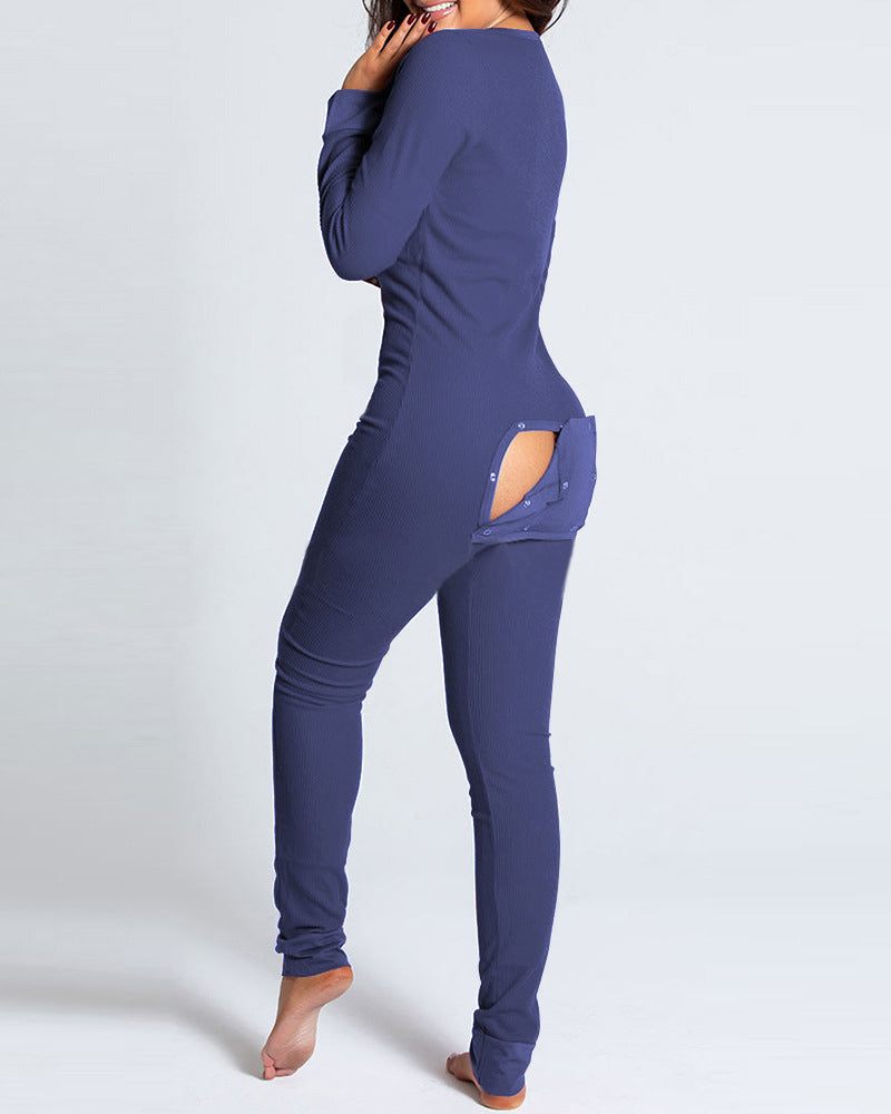 Solid Buttoned Flap Rib-Knit Jumpsuit