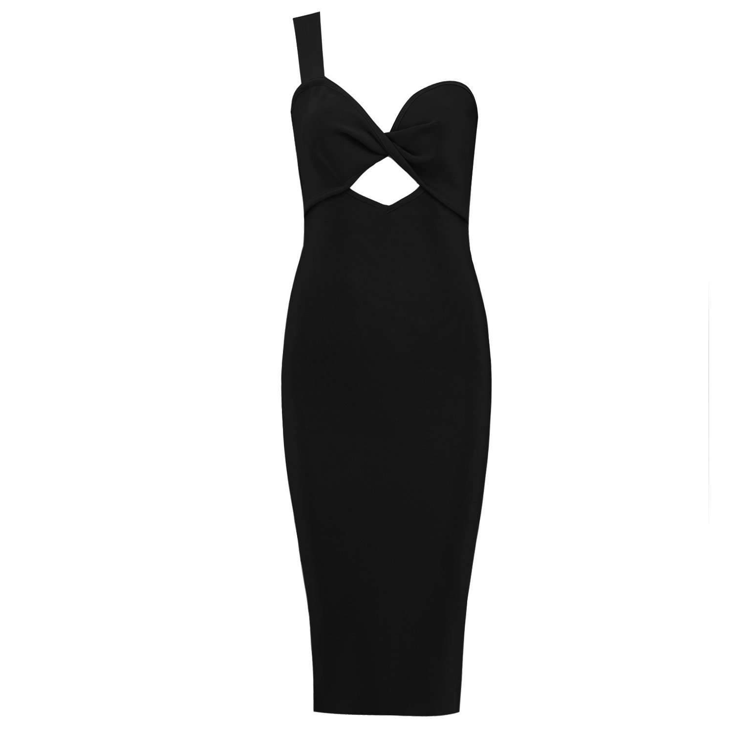 black asymmetric strap midi dress