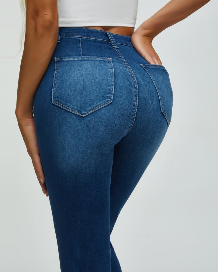 Elastic High Waist Butt Lifting Frayed Flare Jeans Flamingo