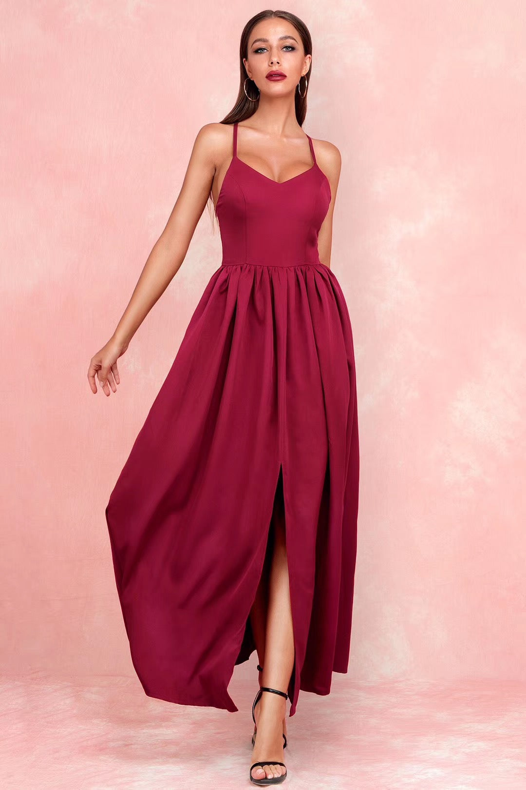 v neck side split maxi dress