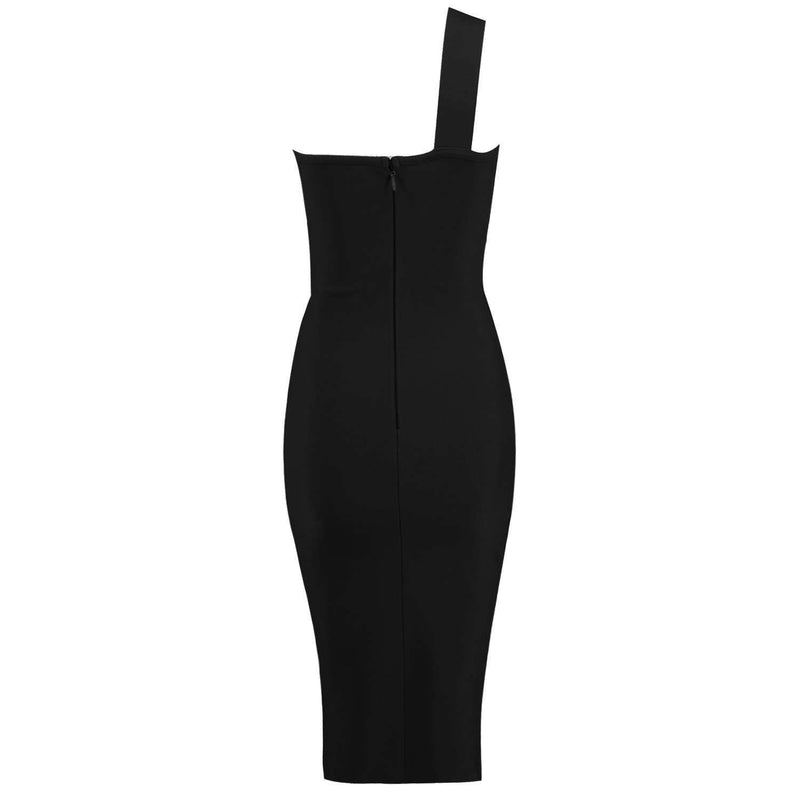black asymmetric strap midi dress
