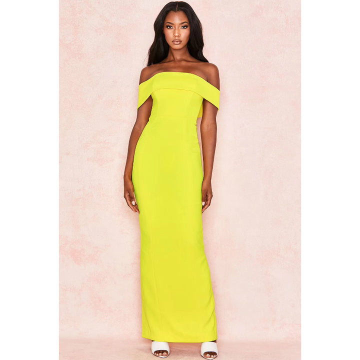 neon yellow off the shoulder dress