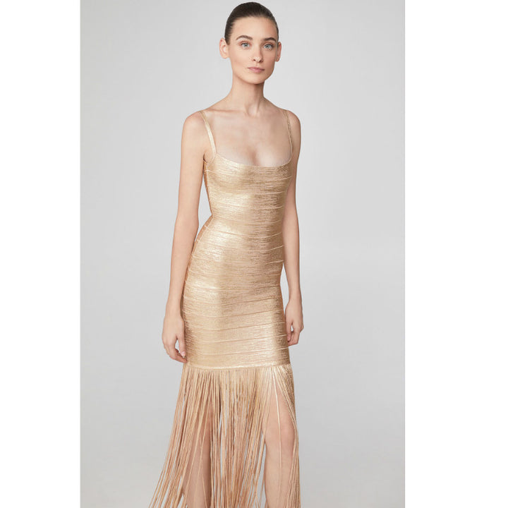 square neckline gold dress