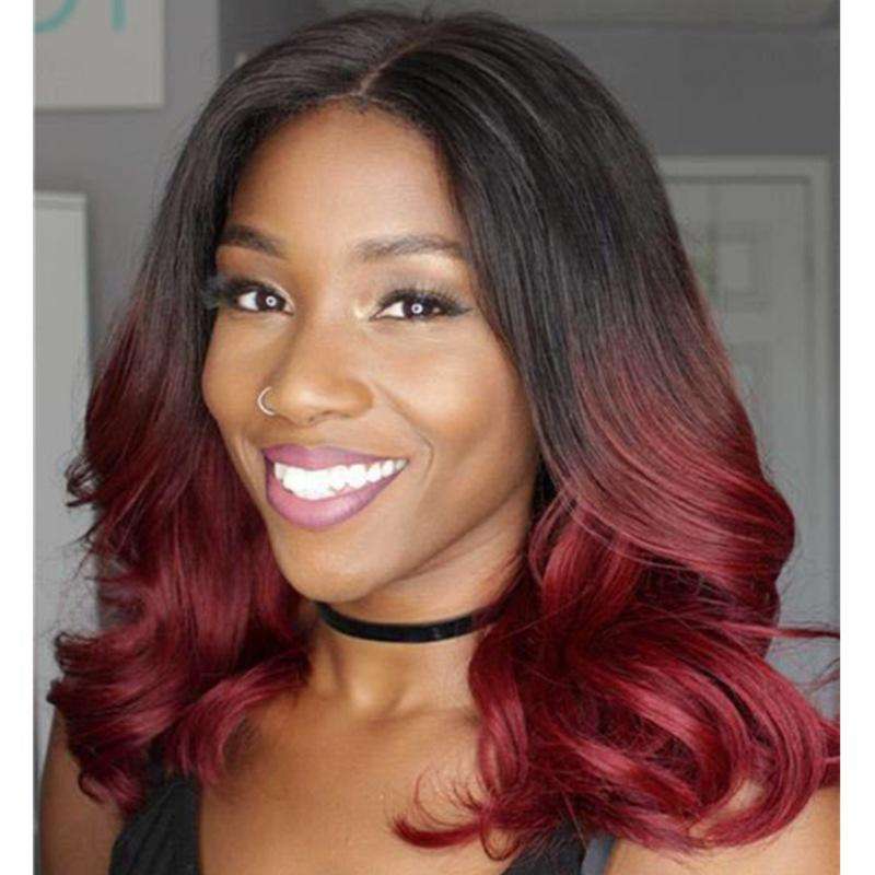 Shoulder Length Ombre Dark Pink Synthetic Wig