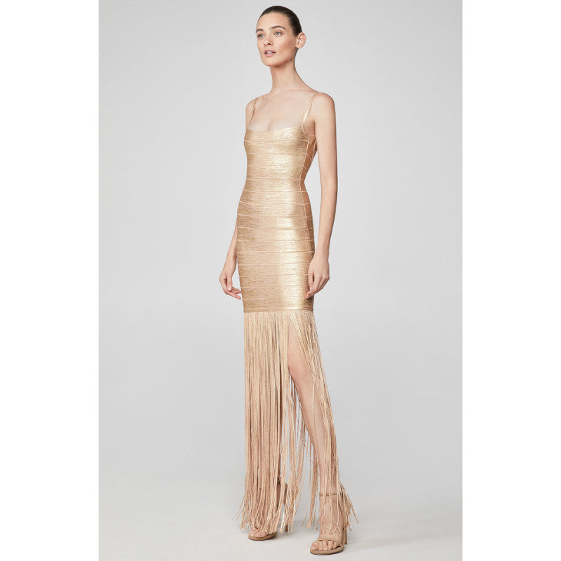 square neckline gold dress