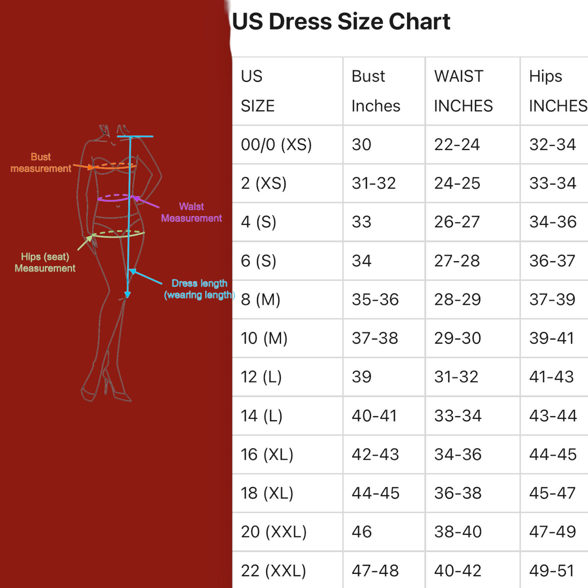US Dress size chart – Wild Time Fashion