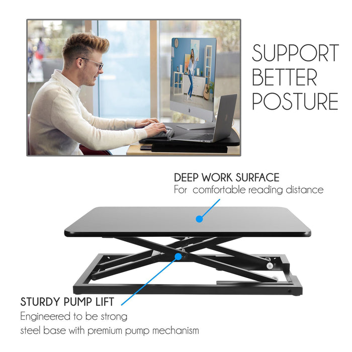 Pyle Ergonomic Standing Desk & PC Monitor Riser - Up to 18 inch Height Adjustable Laptop & Computer Table - Black Sit & Stand Folding Desktop Workstation Converter for Office or Gaming Use - PDRIS08