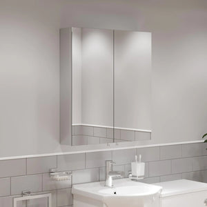 Double Door Bathroom Mirror Cabinet In Stainless Steel & Mounted - 600 x 670mm